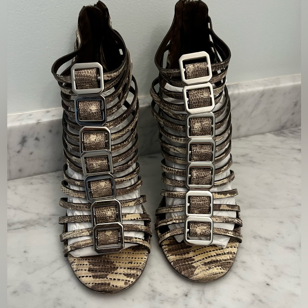 TORY BURCH Cuba Metallic Exotic Lizard Print Strappy High Heel, Size 9